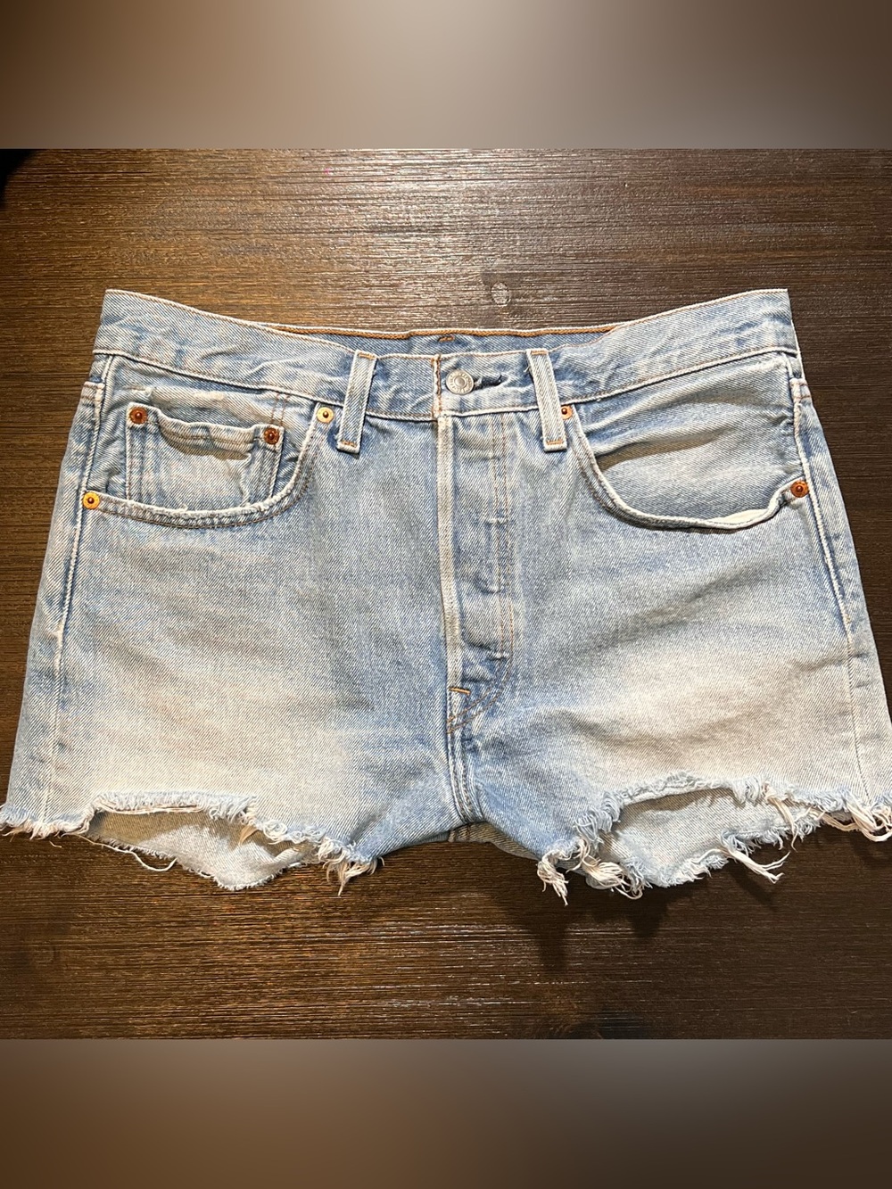 Levi's Light Blue Frayed Hem 501 Denim Shorts
